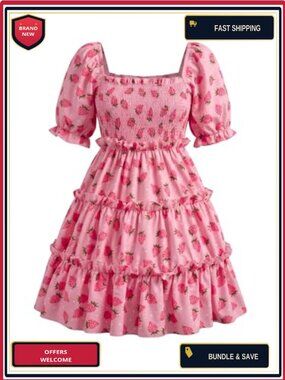 Strawberry Print Tiered Ruffle Flowy A-Line Dress with Puff Sleeves for Vacation